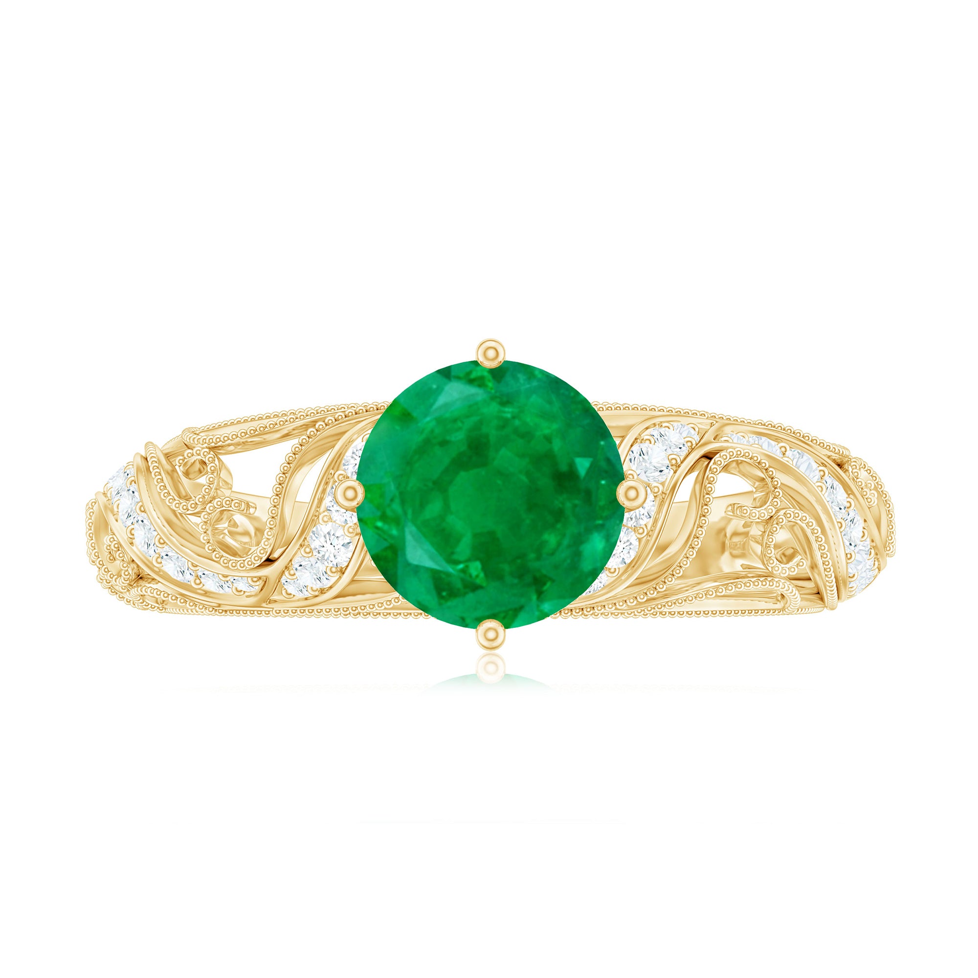 Round Emerald Vintage Inspired Engagement Ring with Diamond Emerald - ( AAA ) - Quality - Rosec Jewels