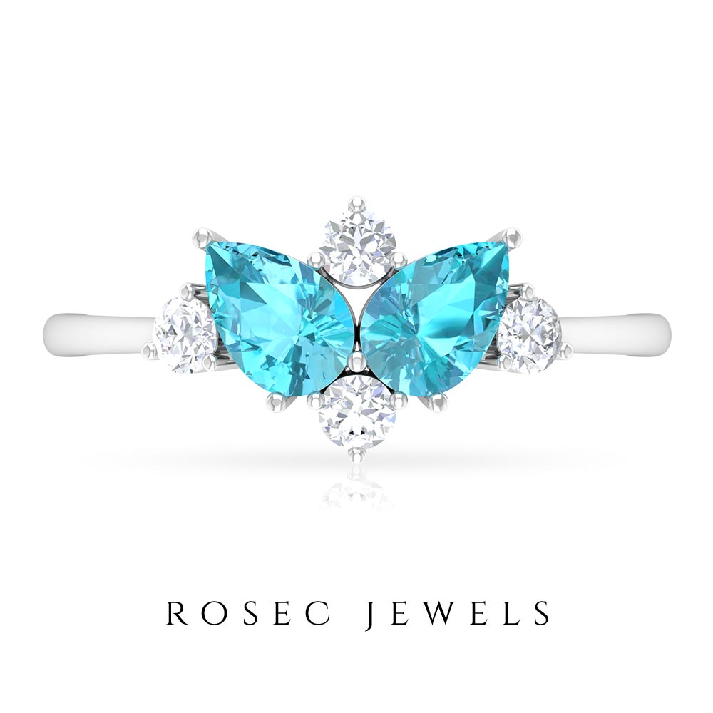 1.5 CT Pear Cut Swiss Blue Topaz Cluster Promise Ring with Diamond Swiss Blue Topaz - ( AAA ) - Quality - Rosec Jewels