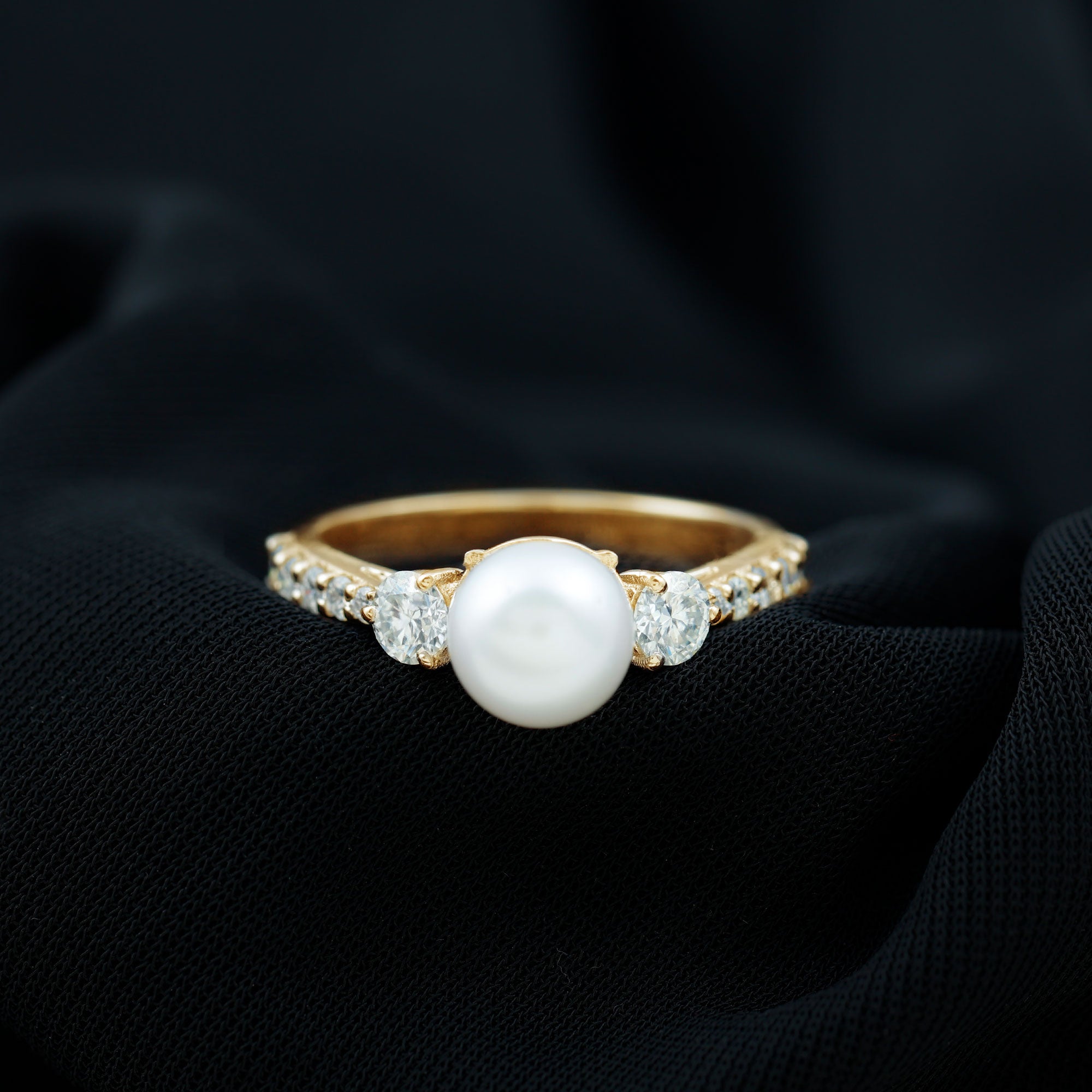 Classic Freshwater Pearl Solitaire and Moissanite Side Stone Ring Freshwater Pearl - ( AAA ) - Quality - Rosec Jewels